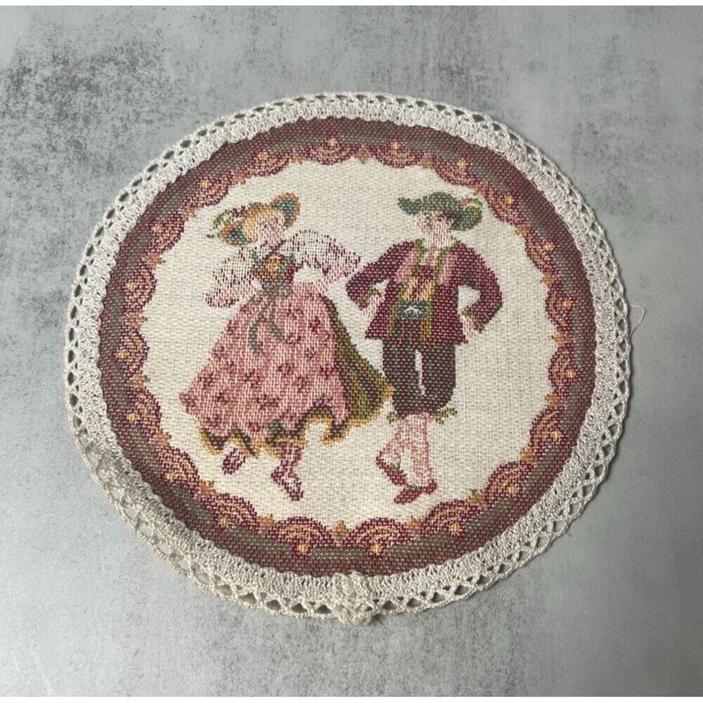 Vintage Halltex Austrian Folk Art Doily Round Dancing Couple‎ Crochet Trim 7.5"